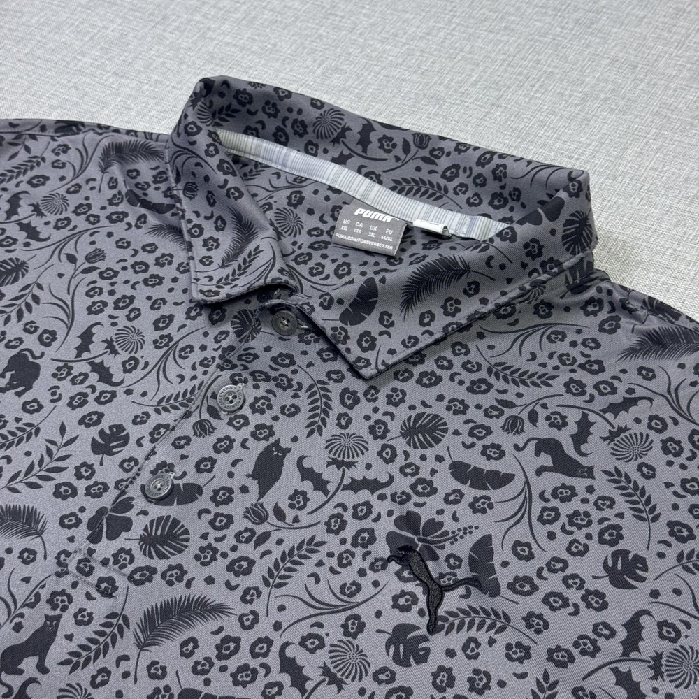 Puma Cloudspun Petal Print Golf Polo Shirt Mens 2XL Gray Animals Floral